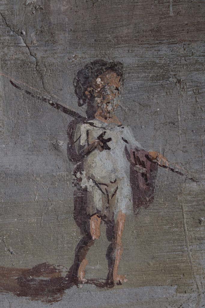 IX.5.9 Pompeii. May 2019. Room “l (L)”, detail of pygmy figure from south wall.
Foto Christian Beck, ERC Grant 681269 DÉCOR.