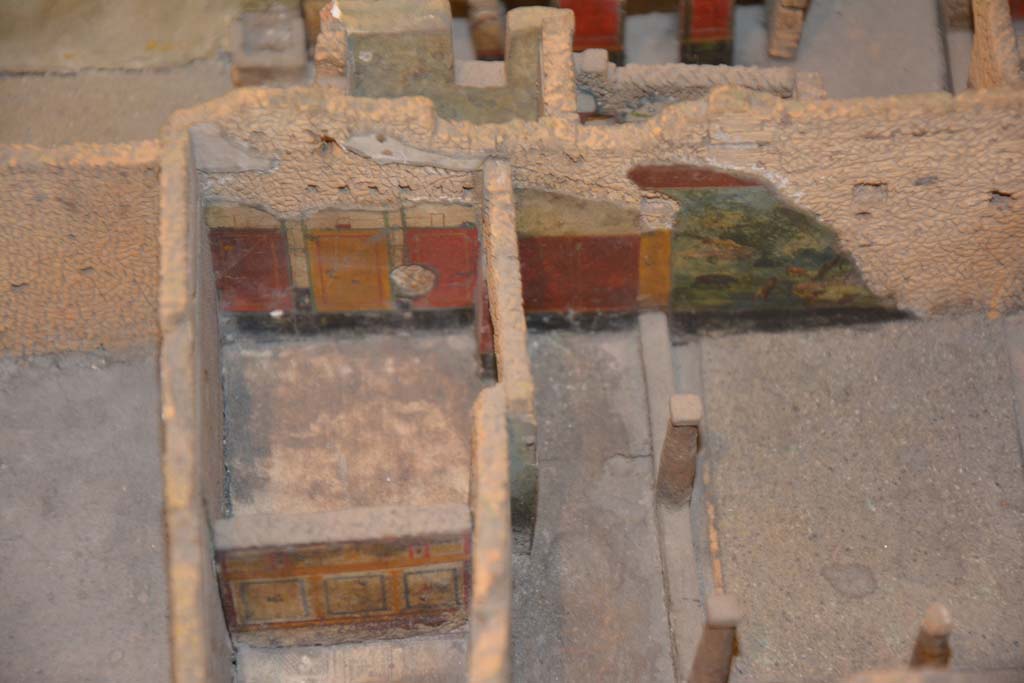 IX.5.9 Pompeii. July 2017. Rooms in south-west corner of garden area, looking towards west walls.
From cork model in Naples Archaeological Museum.
Foto Annette Haug, ERC Grant 681269 DÉCOR