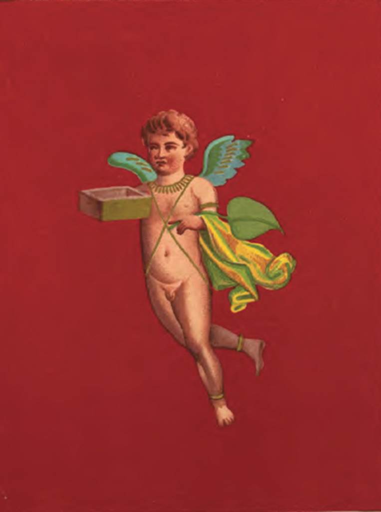 IX.5.9 Pompeii. 1878 painting of cupid. Room 5, ala on east side of atrium.
See Presuhn E., 1878. Pompeji: Die Neuesten Ausgrabungen von 1874 bis 1878. Leipzig: Weigel. (VII, Plate IV).