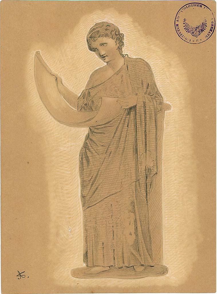 IX.5.11 Pompeii. Room 6, oecus, east wall.
Undated drawing (between 1877-1888)  by A. Sikkard of Muse Clio reading from an open volume held between her hands.
DAIR 83.246. Photo � Deutsches Arch�ologisches Institut, Abteilung Rom, Arkiv. 
