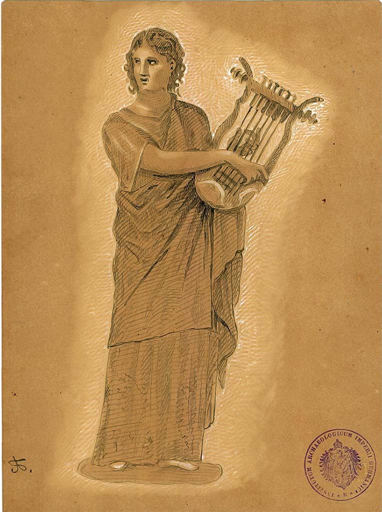 IX.5.11 Pompeii. Room 6, oecus, west wall.
Undated drawing (between 1877-1888) by A. Sikkard of Muse Erato in attitude of playing the lyre.
DAIR 83.251. Photo © Deutsches Archäologisches Institut, Abteilung Rom, Arkiv.