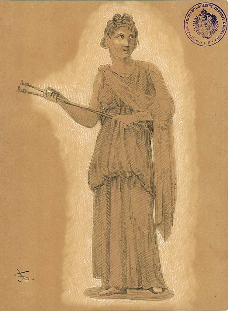 IX.5.11 Pompeii. Room 6, oecus, west wall.
Undated drawing (between 1877-1888) by A. Sikkard of Muse Calliope holding a flute.
DAIR 83.252. Photo © Deutsches Archäologisches Institut, Abteilung Rom, Arkiv.