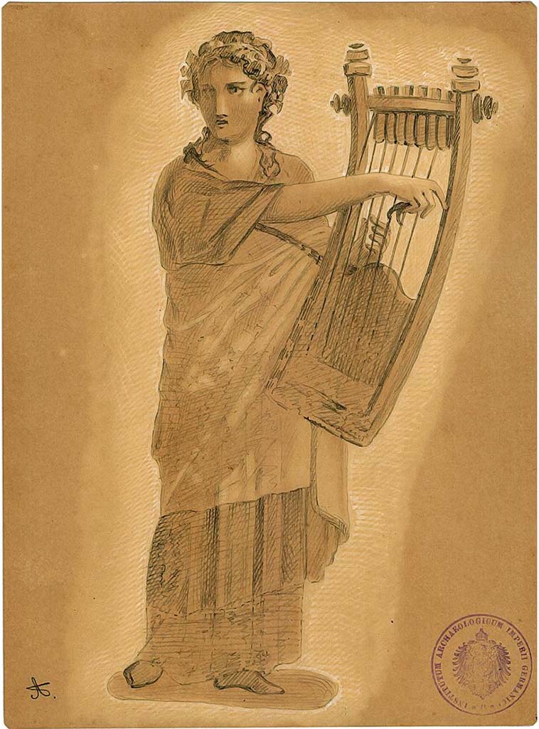 IX.5.11 Pompeii. Room 6, oecus, north wall.
Undated drawing (between 1877-1888) by A. Sikkard of Muse Terpsichore playing the zither.
DAIR 83.253. Photo © Deutsches Archäologisches Institut, Abteilung Rom, Arkiv.