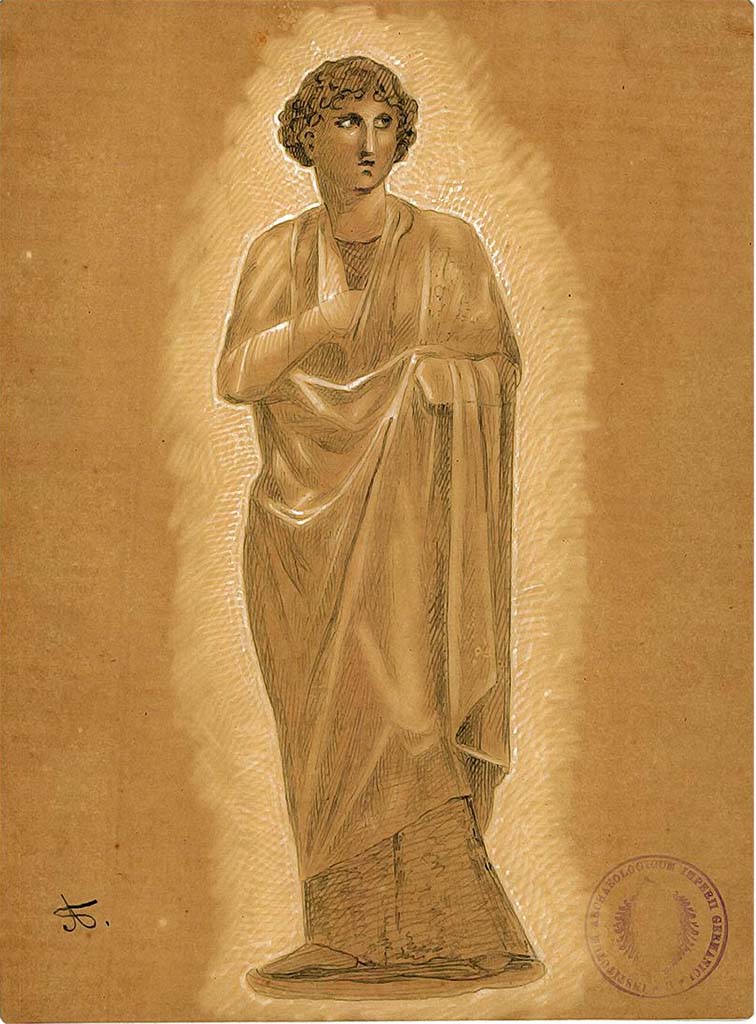 IX.5.11 Pompeii. Room k, oecus, from panel on north wall on west side of doorway.
Undated drawing (between 1877-1888) by A. Sikkard of Muse Polyhymnia wrapped in her cloak.
DAIR 83.254. Photo © Deutsches Archäologisches Institut, Abteilung Rom, Arkiv.