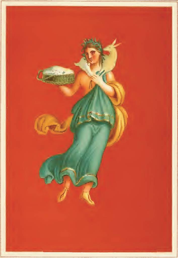 IX.5.11 Pompeii. 1881. Atrium, west side, copy of a painting of Spring. She had a lamb on her shoulders and held fresh cheese in a basket. This would have been seen on the pilaster between rooms 7 and 8.
See Presuhn E., 1882. Pompeji: Die Neuesten Ausgrabungen von 1874 bis 1881. Leipzig: Weigel. (VIII, plate II).
According to Fiorelli, on the red plaster of the pilaster that was between this cubiculum and the preceeding ala, was painted a pretty female figure crowned with leaves and wearing a green robe and yellow mantle, carrying on her shoulder a lamb, and holding a basket in her right hand.
See NdS 1877, (p.250)
According to Mau, 0.34 high, was a painting showing Spring, turning her face half to the right and half towards the viewer. She was crowned with some long and narrow leaves and yellow and white flowers, dressed in a double green robe that left her right shoulder bare and her left arm wrapped in a fluttering robe in the guise of a shawl, on her feet were white shoes. A lamb was supported on the nape of her neck and in the right hand, she held a green basket with a white lump (ricotta).
See BdI, 1879, (p.196-7)
