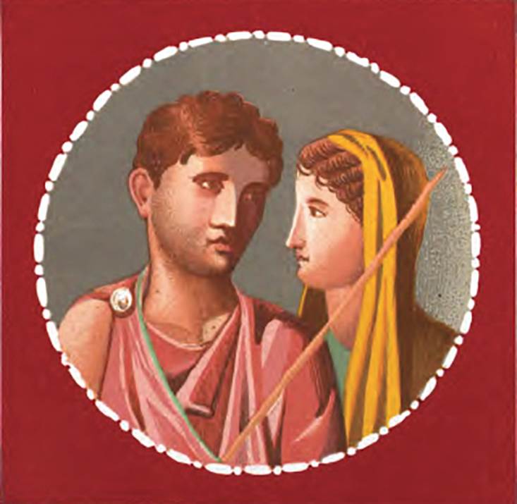 IX.5.11 Pompeii. 1878. Room 8, ala south wall, painting of portrait medallion Hippolytus and Phaedra.
See Presuhn E., 1878. Pompeji: Die Neuesten Ausgrabungen von 1874 bis 1878. Leipzig: Weigel. (VII, Plate II).
See Schefold, K., 1957. Die Wände Pompejis. Berlin: De Gruyter. (p. 259)