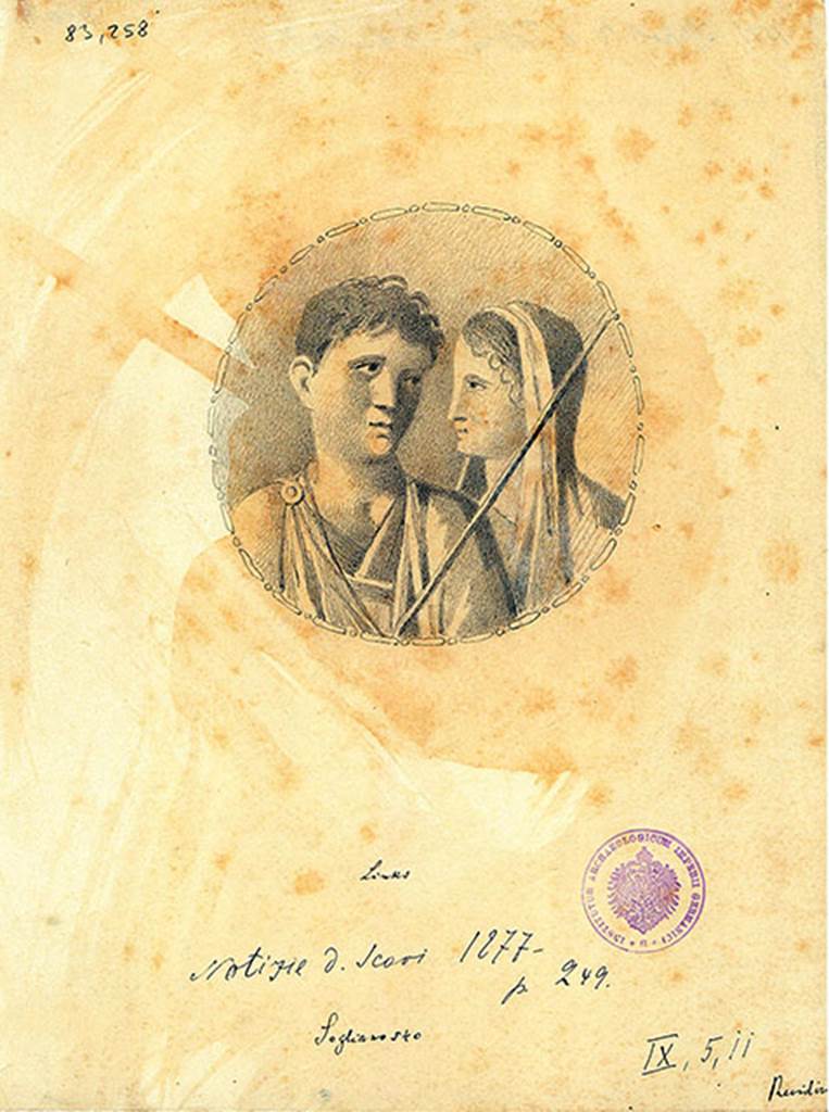 IX.5.11 Pompeii. Room 8, south wall.
Drawing by Discanno of the couple in the medallion from the east side panel of the south wall.
DAIR 83.258. Photo © Deutsches Archäologisches Institut, Abteilung Rom, Arkiv.
See http://arachne.uni-koeln.de/item/marbilder/5343158