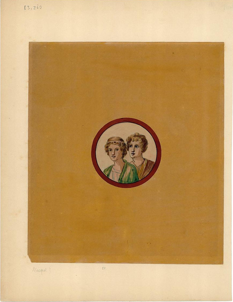 IX.5.11 Pompeii. Room 8, south wall. Painted medallion portrait of a couple from the central panel of the south wall of the ala.
DAIR 83.260. Photo © Deutsches Archäologisches Institut, Abteilung Rom, Arkiv.