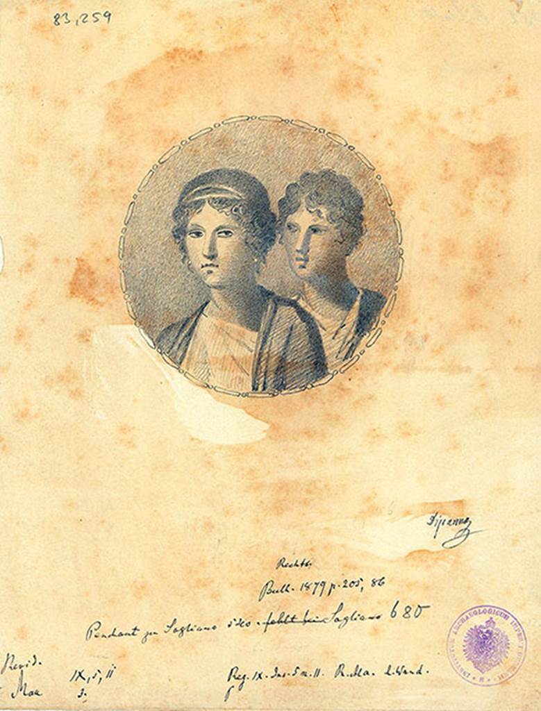 IX.5.11 Pompeii. Room 8, ala, centre panel of south wall, copy by Discanno of portrait medallion of two lovers.
DAIR 83.259. Photo © Deutsches Archäologisches Institut, Abteilung Rom, Arkiv.
See http://arachne.uni-koeln.de/item/marbilder/5343159