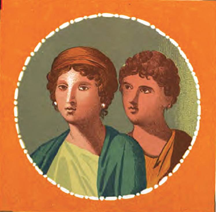 IX.5.11 Pompeii. 1878. Room 8, ala south wall, painting of portrait medallion of two lovers.
Presuhn makes the comment that in this picture the woman has a head cover whereas in the original there were two narrow circlets of gold in the hair.
See Presuhn E., 1878. Pompeji: Die Neuesten Ausgrabungen von 1874 bis 1878. Leipzig: Weigel. (VII, Plate III).
See Schefold, K., 1957. Die Wände Pompejis. Berlin: De Gruyter. (p. 259)
