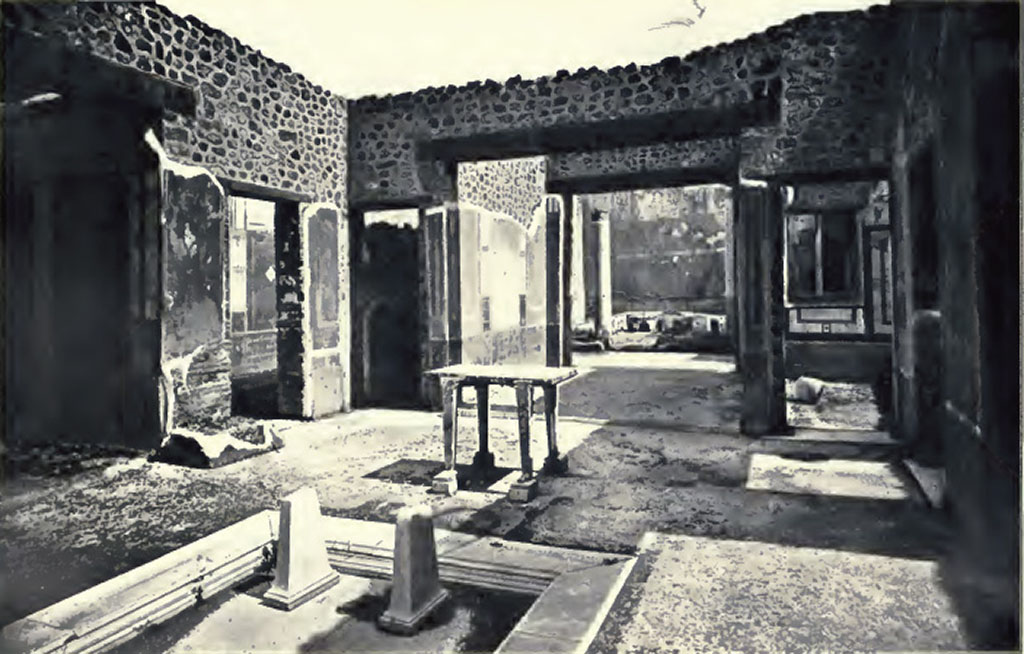 IX.5.11 Pompeii. C.1899. Atrium. Looking south-east across impluvium to tablinum.
According to Presuhn, on the left side of the atrium is the stone wall on which the remains of the bottom of an iron chest were found.
In this was found a gold ring. Above this was found a painting of Summer.
On the opposite side of the atrium was a painting of Spring.
The paintings of Autumn or Winter had disappeared.
See Presuhn E., 1882. Pompeji: Die Neuesten Ausgrabungen von 1874 bis 1881. Leipzig: Weigel. (VIII).