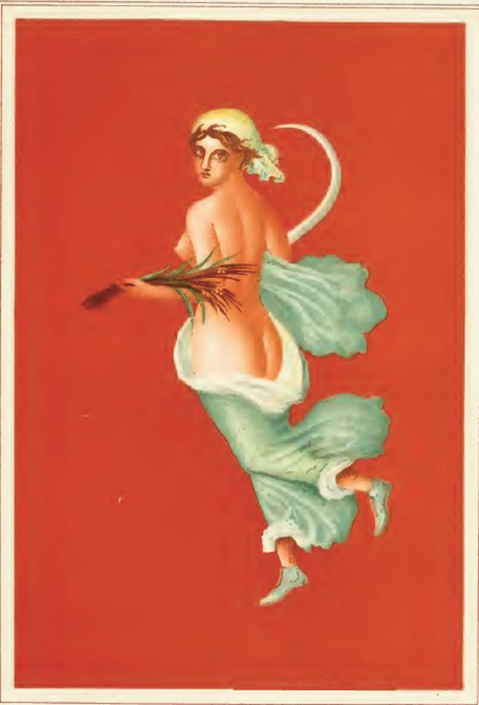 IX.5.11 Pompeii. 1881. Atrium, east side, copy of a painting of Summer.
See Presuhn E., 1882. Pompeji: Die Neuesten Ausgrabungen von 1874 bis 1881. Leipzig: Weigel. (VIII, plate III).
According to Fiorelli, “re-entering the atrium (from the east ala) on the red plaster of the pilaster that separates the entrances to the ala and to the triclinium, we see a female flying figure”.
See NdS, 1877, (p.249)
According to Mau, on the east side of the atrium between the ala and the triclinium, over the support for the moneychest was a female figure 0.34 high, it was a very pretty picture, showing the figure flying to the left with a view of the middle of her back but with her face turned to the viewer. The fluttering green robe covering only her legs was supported by her right arm, her shoes were green, her head covered in a cloth, in her right hand was a sickle and in her left hand some ears of corn.
You may feel for sure that there would have been similar personifications of autumn and winter.
See BdI, 1879, (p.197-8)