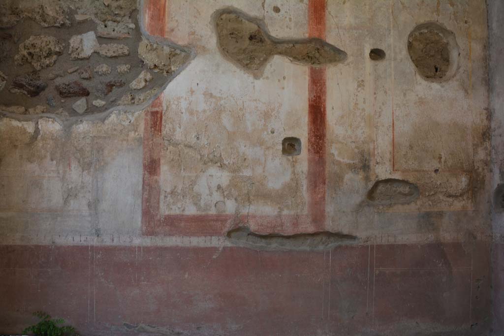 IX.5.11 Pompeii. May 2017. Room g, middle zone and zoccolo on north wall.
Foto Christian Beck, ERC Grant 681269 DÉCOR.
According to PPM –
The north wall was decorated in the IV Style: the panels of the red zoccolo were separated by narrow compartment with painted plants: in the white panels of the middle zone were vignettes with cupids: the upper zone of the wall was white with a stucco cornice.
See Carratelli, G. P., 1990-2003. Pompei: Pitture e Mosaici. IX. (9). Roma: Istituto della enciclopedia italiana, (p.556).