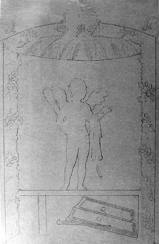 IX.5.11 Pompeii. Room 3, drawing by Discanno showing a Cupid with a club, and seen under in the small purple rectangles were two fighters with daggers.
This would have been seen on the north wall, east end, according to PPM. (North wall, west side according to PPP).
According to Mau and Fiorelli, it would have been seen on the south wall -
“On the wall to the right was a Cupid with a club, and underneath in a small rectangle with a purple background one saw some fighters with daggers: on the wall to the left, finally we have another Cupid, that had a bunch of grapes in the right hand, and in his left an unidentifiable object, underneath in a rectangle with a purple background, one saw an open volume with some black words, partly vanished and difficult to understand.”
See NdS, 1877, (p.248)
Sogliano describes the two Cupids as being from the east ala, but does not give a wall location.
See Sogliano, A., 1879. Le pitture murali campane scoverte negli anni 1867-79. Napoli: Giannini. (p.53, nos 249 and 250)