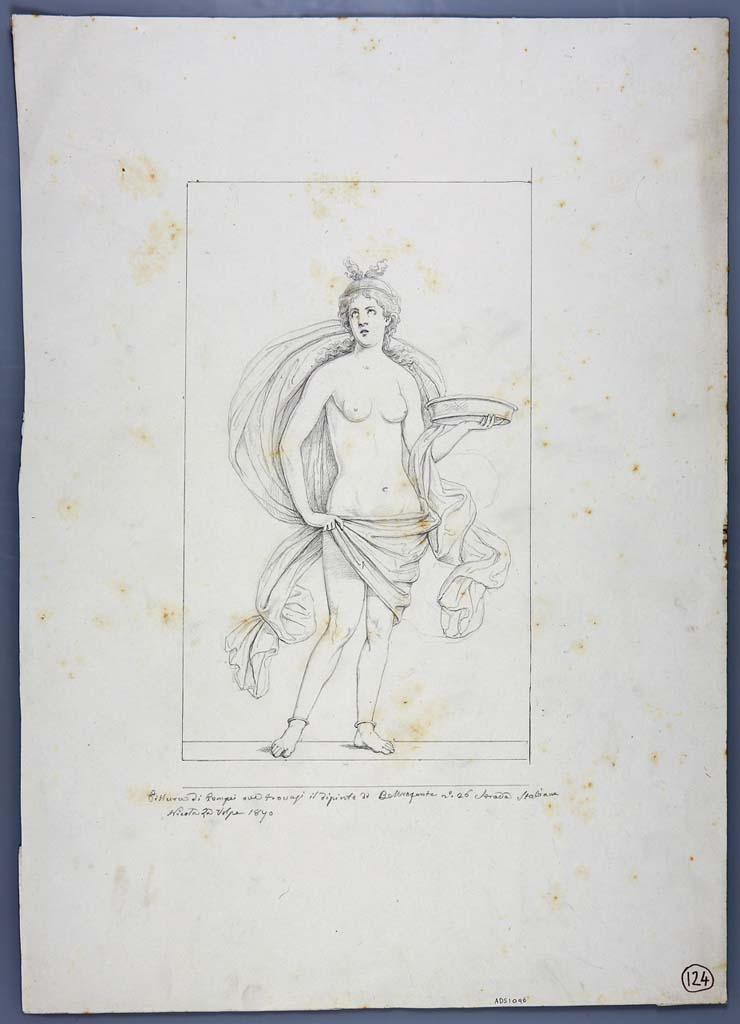 IX.5.11 Pompeii. Room 3, east wall. Drawing by Nicola La Volpe, 1870, of painting of female figure holding a tray in the left hand.
Now in Naples Archaeological Museum. Inventory number ADS 1096.
Photo © ICCD. http://www.catalogo.beniculturali.it
Utilizzabili alle condizioni della licenza Attribuzione - Non commerciale - Condividi allo stesso modo 2.5 Italia (CC BY-NC-SA 2.5 IT)