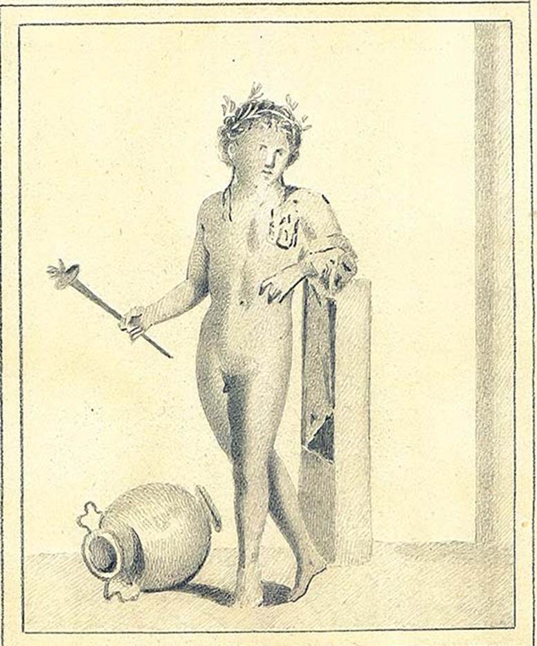 IX.5.11 Pompeii. 1880. Room 4, north wall of triclinium.
Copy by Discanno of painting of Bacchus with thyrsus or a victorious athlete.
DAIR 83.243. Photo © Deutsches Archäologisches Institut, Abteilung Rom, Arkiv.
See http://arachne.uni-koeln.de/item/marbilder/5343143