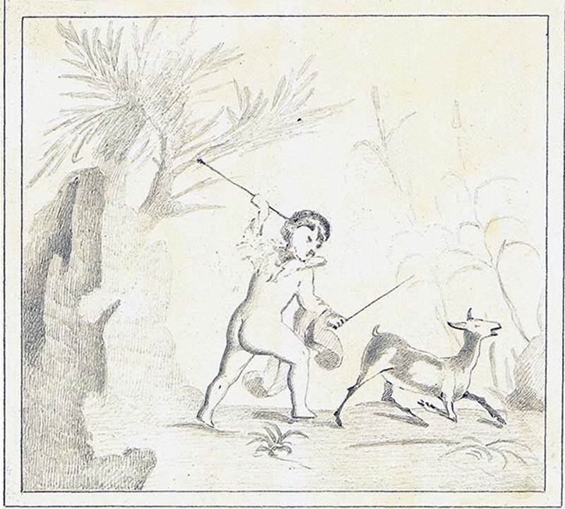 IX.5.11 Pompeii. Room 4, east wall of triclinium. Copy by Discanno of painting of cupid hunting a goat.
According to Bragantini, this was found at the north end of the east wall.
DAIR 83.244. Photo © Deutsches Archäologisches Institut, Abteilung Rom, Arkiv.
See http://arachne.uni-koeln.de/item/marbilder/5343144
See Bragantini, de Vos, Badoni, 1986. Pitture e Pavimenti di Pompei, Parte 3. Rome: ICCD. (p.476)