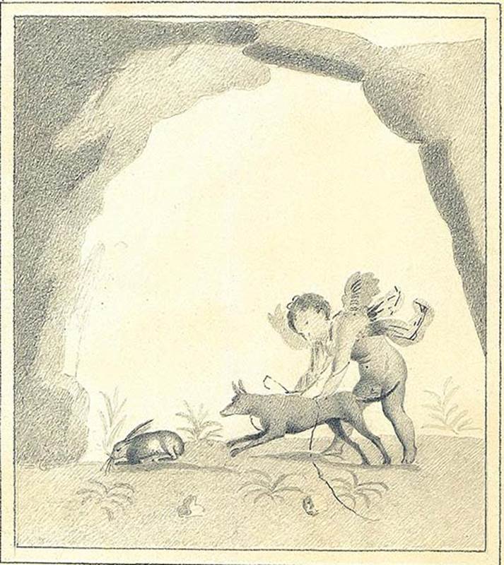 IX.5.11 Pompeii. Room 4, east wall of triclinium. Copy by Discanno of painting of cupid hunting a rabbit.
According to Bragantini, this was found at the south end of the east wall.
DAIR 83.245. Photo © Deutsches Archäologisches Institut, Abteilung Rom, Arkiv.
See http://arachne.uni-koeln.de/item/marbilder/5343145
See Bragantini, de Vos, Badoni, 1986. Pitture e Pavimenti di Pompei, Parte 3. Rome: ICCD. (p.476)