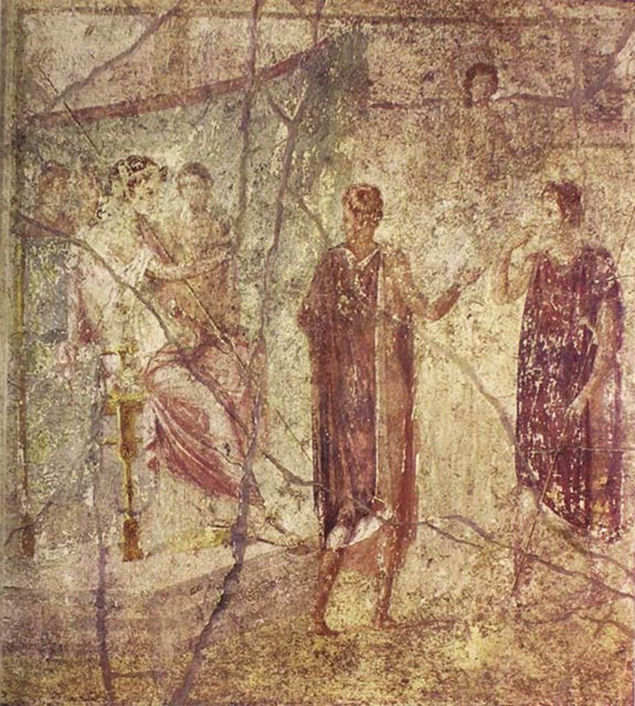 IX.5.14 Pompeii. Room “f”, centre of north wall of triclinium. Painting of two men before a seated queen.
According to PPM this is of uncertain identification.
More recently it has been suggested that it may be Dido receiving Aeneas for the first time.
Now in Naples Archaeological Museum. Inventory number 111480.
See Strocka V. M., 2006. Aeneas, not Alexander: Jahrbuch des Deutschen Archäologischen Instituts, Volume 121, p. 302, abb. 19.
See Carratelli, G. P., 1990-2003. Pompei: Pitture e Mosaici. Roma: Istituto della enciclopedia italiana, Vol. IX, p. 623.