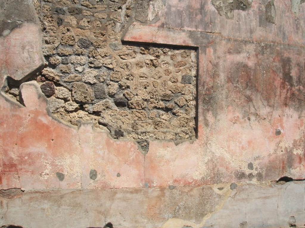 IX.5.14 Pompeii. May 2005. Room “f”, north wall of triclinium with painting cut from it.
In the black zoccolo were panels with squares alternating with narrow compartments with painted plants:
Seen in the side panels of the red middle zone of the wall, were vignettes with painted Muses, (but badly preserved).
In the centre would have been a painting with a scene of uncertain identification, possibly Dido receiving Aeneas for the first time.