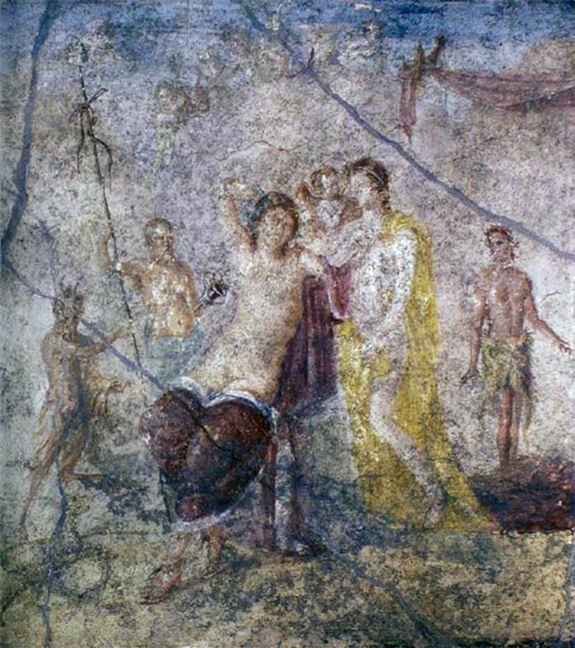 IX.5.14 Pompeii. Room “f”, centre of east wall of triclinium. Painting of Dionysus and Ariadne.
Now in Naples Archaeological Museum. Inventory number 111481.
Kuivalainen comments: This composition may be an alternative artistic interpretation of Bacchus and Ariadne after having reached an understanding. The cupid is indeed sometimes depicted with Ariadne, not only with Venus. Ariadne’s yellow robe can refer to her bridal status.
See Kuivalainen, I., 2021. The Portrayal of Pompeian Bacchus. Commentationes Humanarum Litterarum 140. Helsinki: Finnish Society of Sciences and Letters, (p.132, D12).
