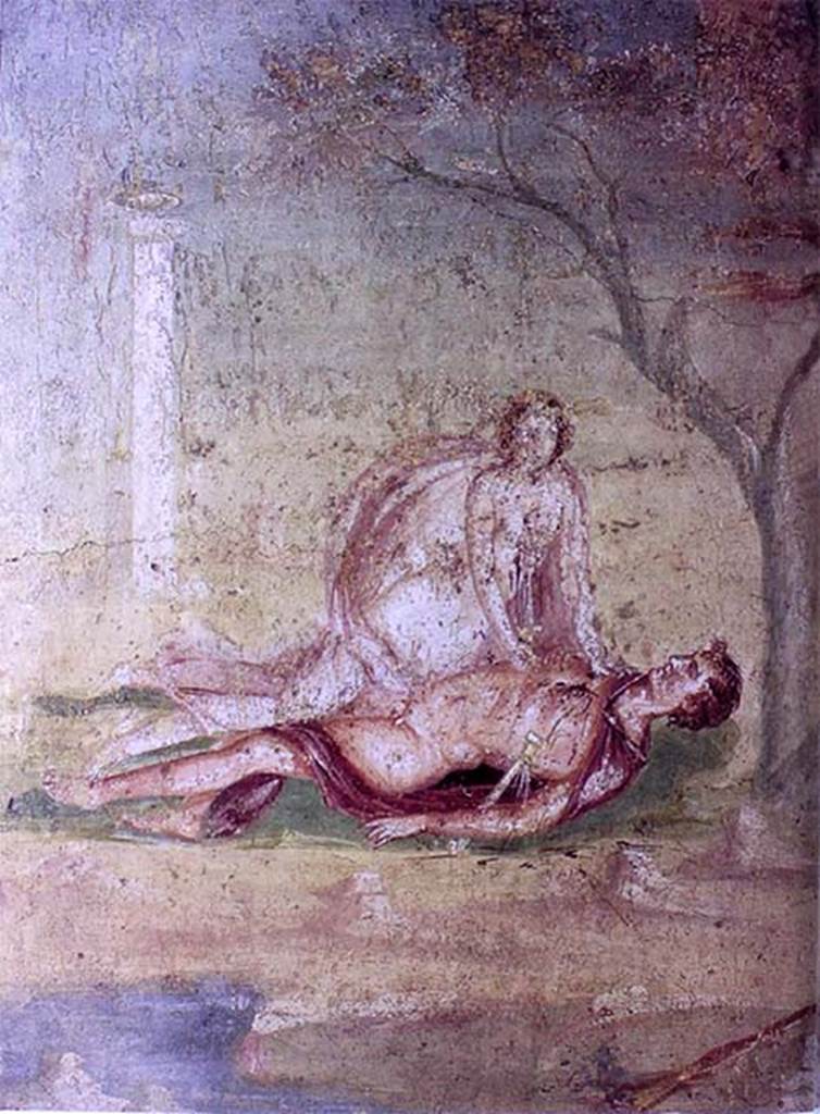 IX.5.14 Pompeii. Room “f”, centre of south wall of triclinium. Painting of Pyramus and Thisbe.
Now in Naples Archaeological Museum. Inventory number 111483.