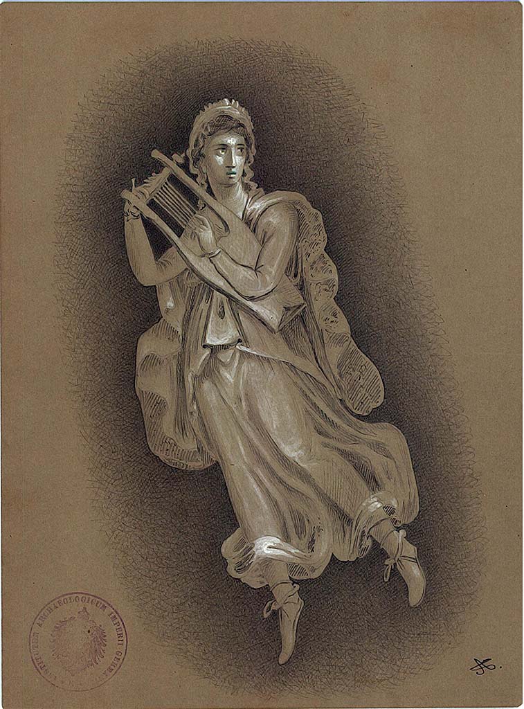IX.5.14 Pompeii. 1879. Room “f”, triclinium. Painting by A. Sikkard of Terpsichore with lyre, from side panel.
DAIR 83.268. Photo © Deutsches Archäologisches Institut, Abteilung Rom, Arkiv.