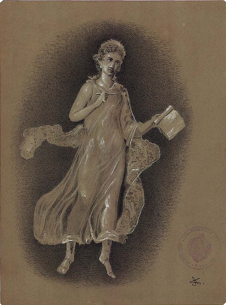 IX.5.14 Pompeii. Room “f”, triclinium. 1879 copy by A. Sikkard of painting of the muse Clio with pen and scroll.
In the painted original, the scroll of this Muse was inscribed “Melpomene ex Musis una”.
This led to it being identified by Sogliano as “once again Melpomene”, making it the second of that muse in the same room.
Horst Blanck, in Italienische Reise, identified it as Clio, commenting that the inscription was “a sign that the ancients too had difficulty with the identification of individual muses”.
See Catalogue, 1989. Italienische Reise: Pompejanische Bilder in den deutschen archäologischen Sammlungen. Napoli: Bibliopolis, p. 336, p. 347 no. 116.
DAIR 83.270. Photo © Deutsches Archäologisches Institut, Abteilung Rom, Arkiv.