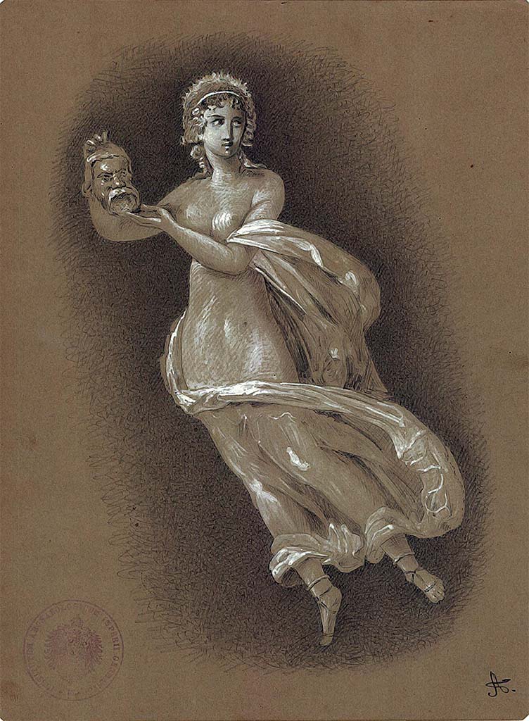 IX.5.14 Pompeii. 1879. Room “f”, triclinium. Painting by A. Sikkard of the muse Thalia with a comic mask, from a side panel.
DAIR 83.271. Photo © Deutsches Archäologisches Institut, Abteilung Rom, Arkiv.