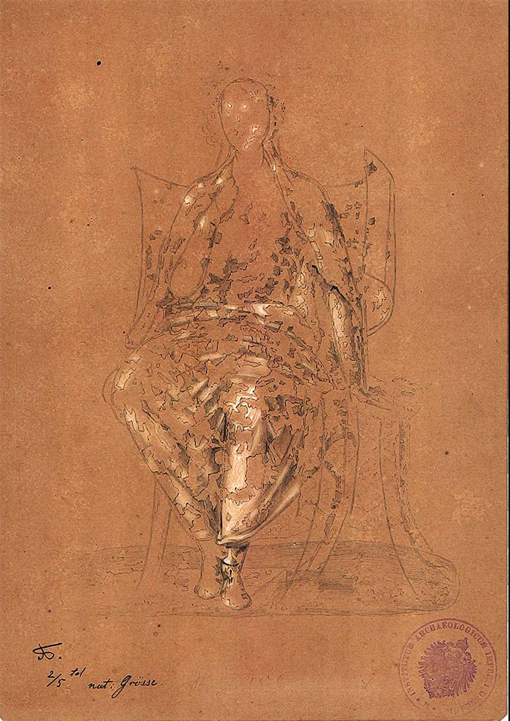 IX.5.14 Pompeii. 1879. Room “f”, triclinium. Painting by A. Sikkard of seated character on a throne.
DAIR 83.264. Photo © Deutsches Archäologisches Institut, Abteilung Rom, Arkiv.
