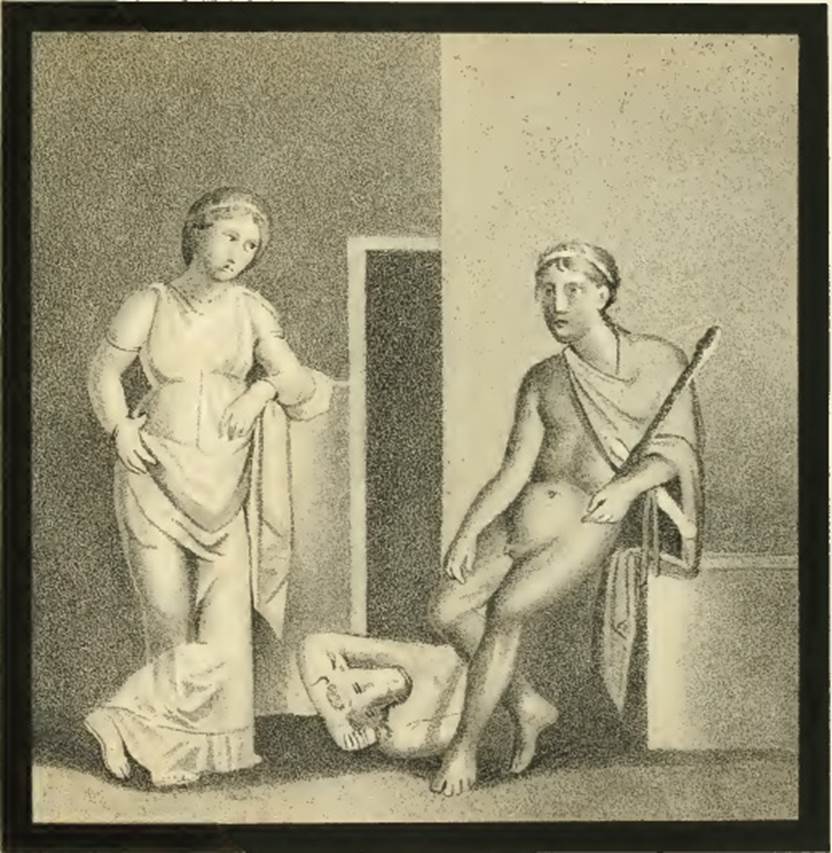 IX.5.14 Pompeii. 1881. Room �e�, east wall, copy by Discanno of wall painting of Theseus and Ariadne with the Minotaur.
Found on the east wall of the ala �e�, on the north side of the atrium.
See Presuhn E., 1882. Pompeji: Die Neuesten Ausgrabungen von 1874 bis 1881. Leipzig: Weigel. (VIII, Plate V).


