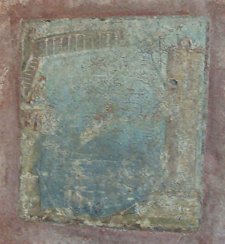 IX.5.14 Pompeii. May 2005. Room “c”, south wall of cubiculum on north side of entrance corridor. Fresco of Hero and Leander.