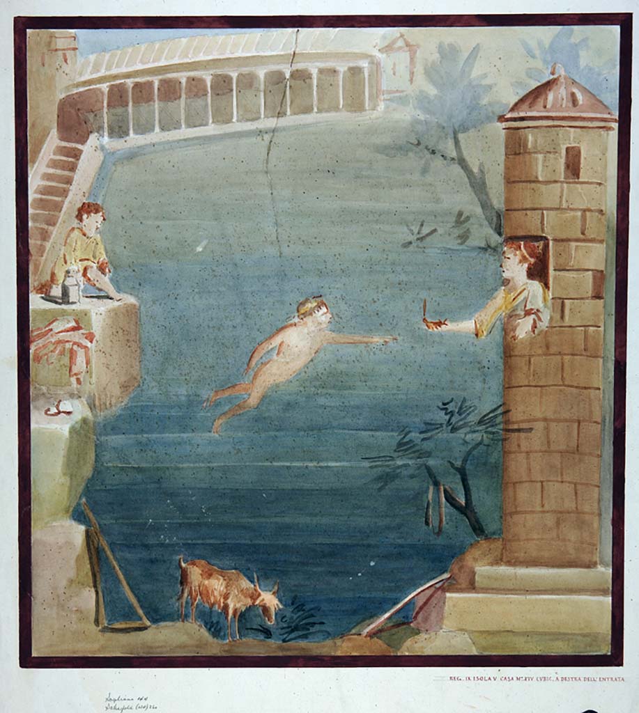 IX.5.14 Pompeii. Room “c”, south wall of cubiculum. Painting by Geremia Discanno, of fresco of Hero and Leander.
Now in Naples Archaeological Museum. Inventory number ADS 1099.
Photo © ICCD. http://www.catalogo.beniculturali.it
Utilizzabili alle condizioni della licenza Attribuzione - Non commerciale - Condividi allo stesso modo 2.5 Italia (CC BY-NC-SA 2.5 IT)