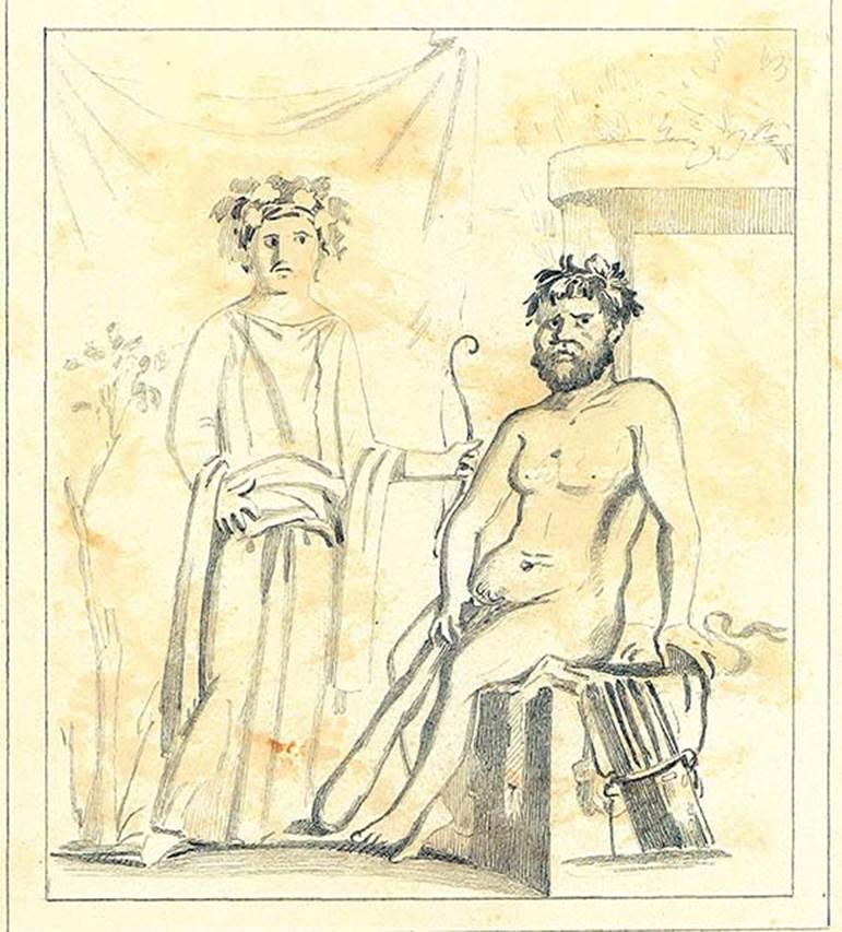 IX.5.14 Pompeii. Drawing by Discanno of wall painting of Hercules and Omphale, on north wall of cubiculum “g”.
DAIR 83.261. Photo © Deutsches Archäologisches Institut, Abteilung Rom, Arkiv.