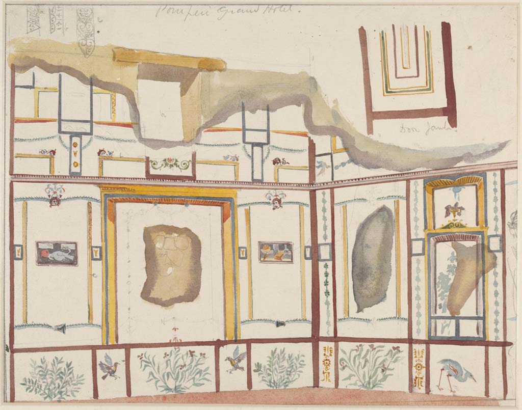 IX.5.16 Pompeii. c.1879. Painting by Sydney Vacher, showing details of ala c’.
Looking towards east wall with window overlooking roadway, south-east corner, and part of south wall.
The “still-life” painting of food and drink below, can be seen in the centre of the panel at the south end of the east wall.
At the left of the painting is a panel with an apple and a dead dove as described by Schefold.
See Schefold, K., 1957. Die Wände Pompejis. Berlin: De Gruyter, p. 261.
Photo © Victoria and Albert Museum, inventory number E.4392-1910.
(Note: this was described as “Pompeii Grand Hotel” on the painting).