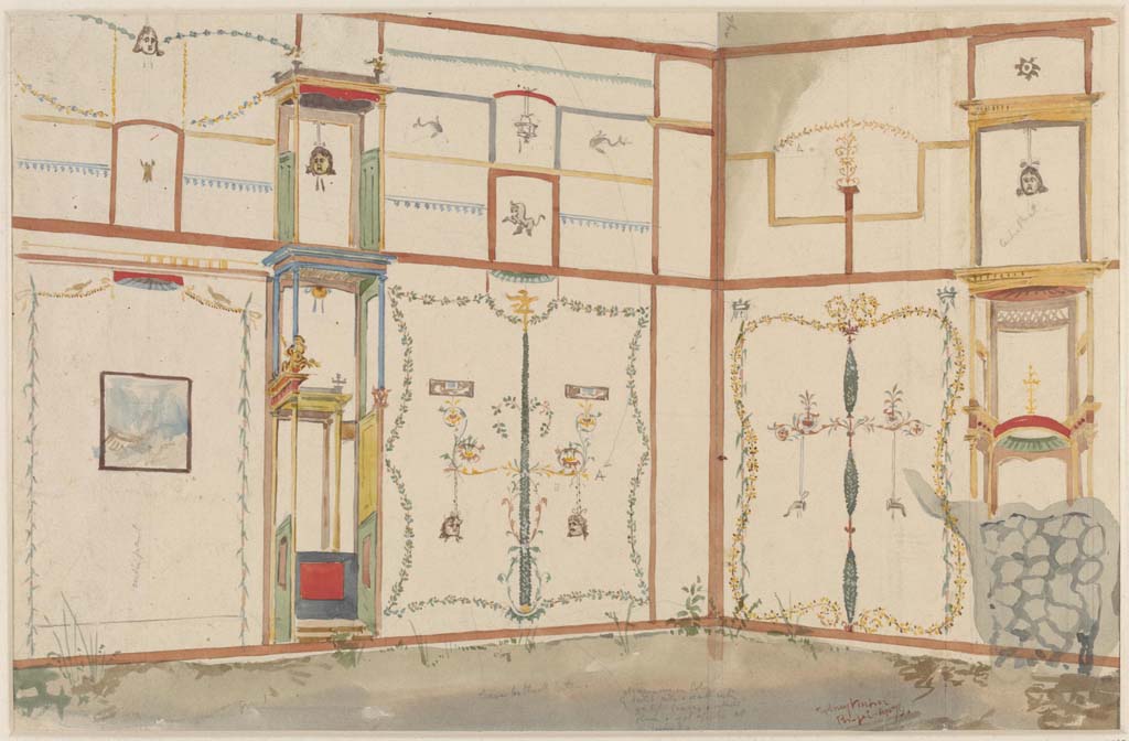 IX.5.16 Pompeii. April 1879. Painting by Sydney Vacher showing painted walls in Triclinium d’, completely faded now.
Photo © Victoria and Albert Museum, inventory number E.4407-1910.
(Note: We think this is a painting of part of the west and north wall of triclinium d’, which corresponds with the painting of the detail (below) of the wall decoration, which Vacher described as from “Grand Hotel, Pompeii”.)
Schefold describes: Triclinium l. of which: In the landscapes in the middle of the fields; one with a harbour, another with a sacred tree, weapons, armed Herm (Isis as goddess of war) Sogliano 763; furthermore still life with fruits, slaughtered birds. The Vespasian decoration faded except for the mask in the middle of the upper wall. N-wall divided into two parts.
See Schefold, K., 1957. Die Wände Pompejis. Berlin: De Gruyter, p. 261-2.
See Sogliano, A., 1879. Le pitture murali campane scoverte negli anni 1867-79. Napoli: Giannini, p. 152 no. 763.
In PPM, there is a photo of the west end of the North Wall, which would appear to show the part of the painted candelabra, a hanging horn, and part of the damaged plaster-work (matching the painting above).
They say "We are still miraculously able to see the candlesticks with scrolls, from which hang drinking horns".
See Carratelli, G. P., 1990-2003. Pompei: Pitture e Mosaici, Vol. IX. Roma: Istituto della enciclopedia italiana, p. 657, no.94.