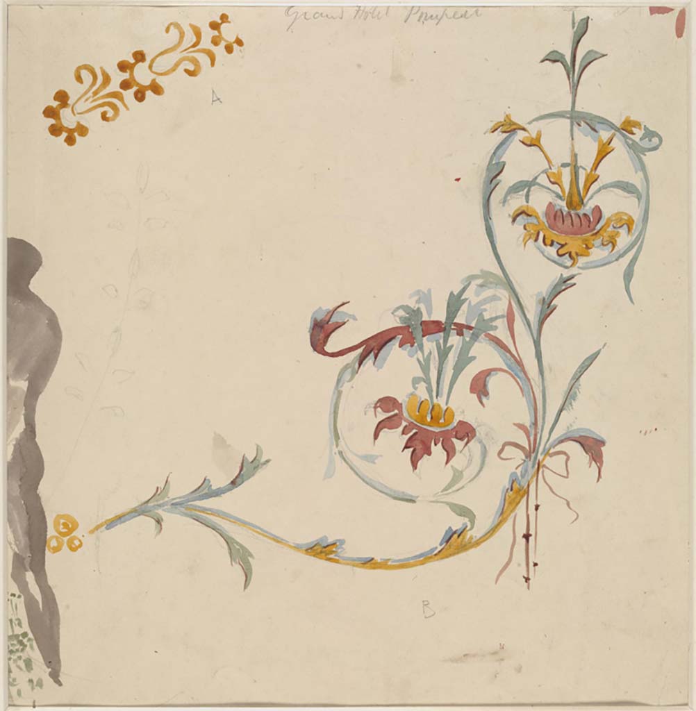 IX.5.16 Pompeii. c.1879. Painting by Sydney Vacher titled Grand Hotel Pompeii, showing detail of wall painting.
Photo © Victoria and Albert Museum, inventory number E.4391-1910.