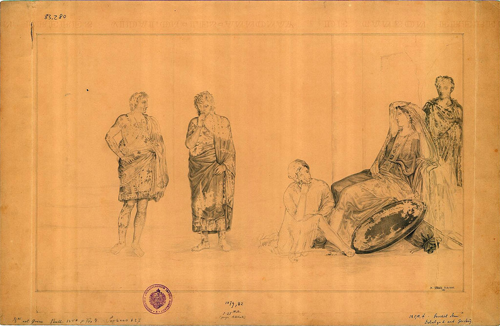 IX.5.18 Pompeii. 1879. Room “f”, south wall of triclinium.
Drawing by A. Sikkard showing detail of painting of Phoenix and Polyxena.
DAIR 83.280. Photo © Deutsches Archäologisches Institut, Abteilung Rom, Arkiv.