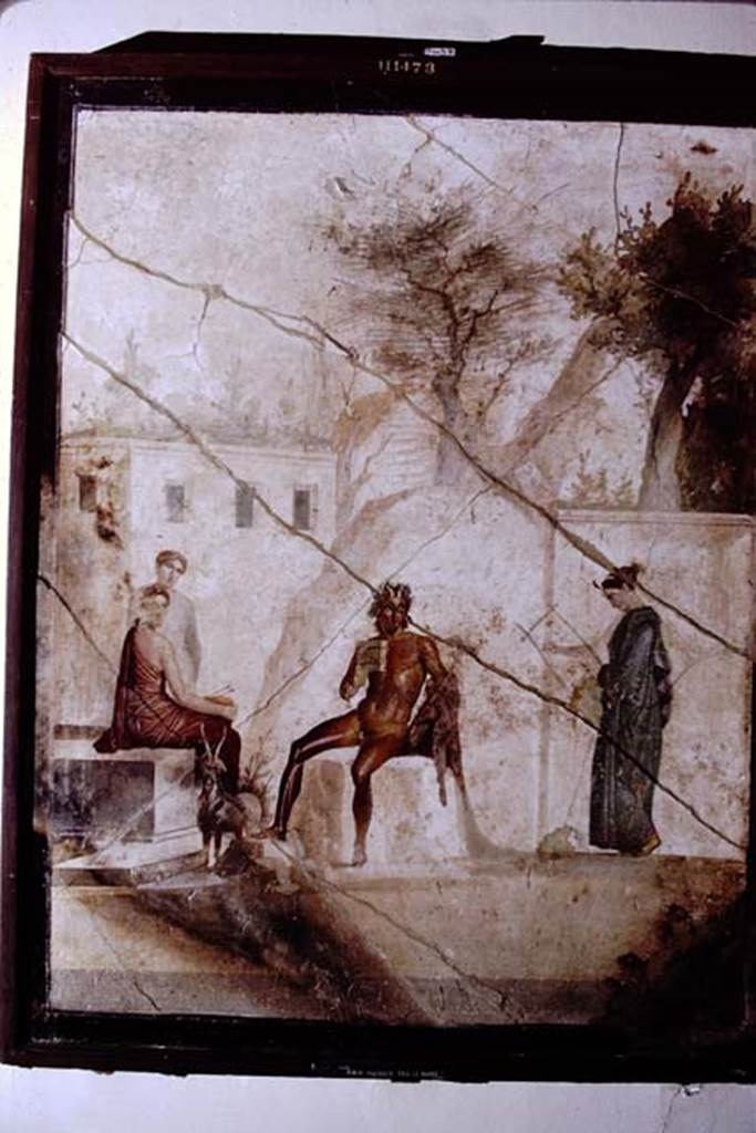 IX.5.18 Pompeii. 1968.  Room “g”, south wall of cubiculum. Wall painting of Pan and the Nymphs. Now in Naples Archaeological Museum. Inventory number: 111473.
Photo by Stanley A. Jashemski.
Source: The Wilhelmina and Stanley A. Jashemski archive in the University of Maryland Library, Special Collections (See collection page) and made available under the Creative Commons Attribution-Non Commercial License v.4. See Licence and use details. J68f0805

