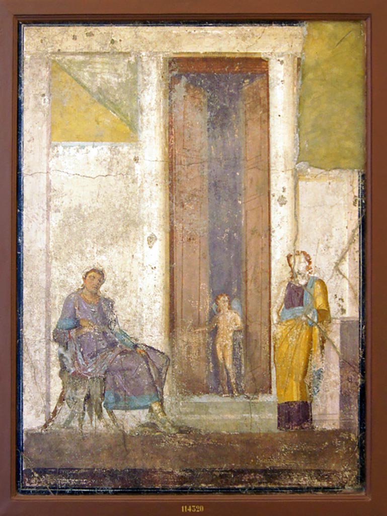 IX.5.18 Pompeii. December 2019. Room “e”, north wall of cubiculum, second room in south-west corner.
Wall painting of seated Paris waiting for the prize promised by Aphrodite. The cupid in the doorway points to Helen.
Now in Naples Archaeological Museum. Inventory number 114320.
Photo courtesy of Giuseppe Ciaramella.
