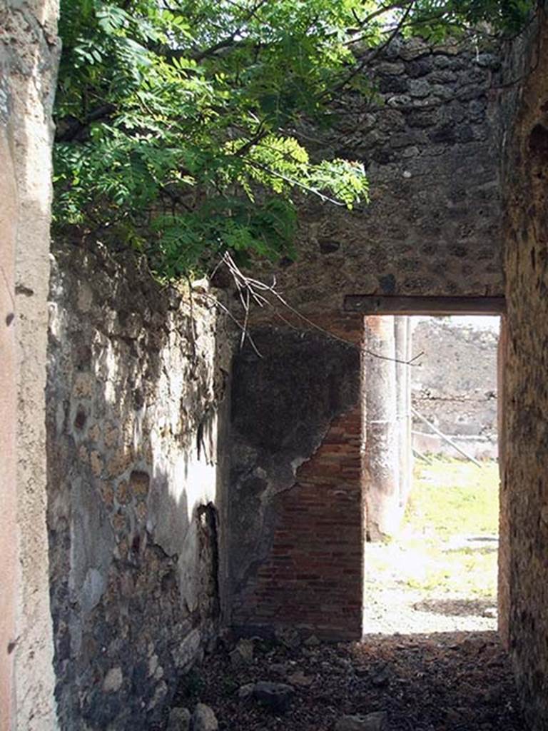 IX.6.5 Pompeii. May 2005. Looking east through corridor “f”, from atrium towards peristyle, on north side of tablinum. According to Mau, this corridor had rough walls, it was closed on the front side by a door with two shutters, of which the hinges and the two holes for the two bolts remained, whilst on the rear side there was no trace of a door.
See Mau in BdI, 1880, (p.228)

