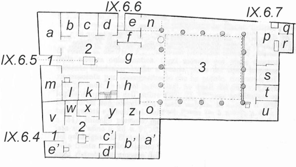 IX.6.4-7 Pompeii plan. Based on the plans in BdI and PPM.
The differences are that BdI uses Greek letters for a to e in IX.6.4 and PPM uses a’ to e’ and adds 1, 2 and 3 for the fauces, atrium and peristyle.
See BdI, September 1880, p.194.