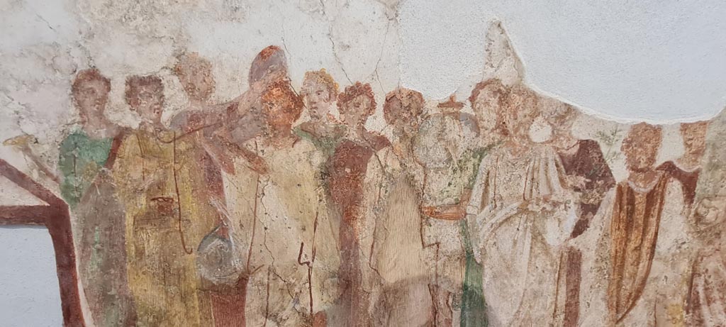 IX.7.1 Pompeii. April 2022.
Detail from painting on wall in Antiquarium, showing procession in honour of the goddess Cybele. Photo courtesy of Giuseppe Ciaramella.