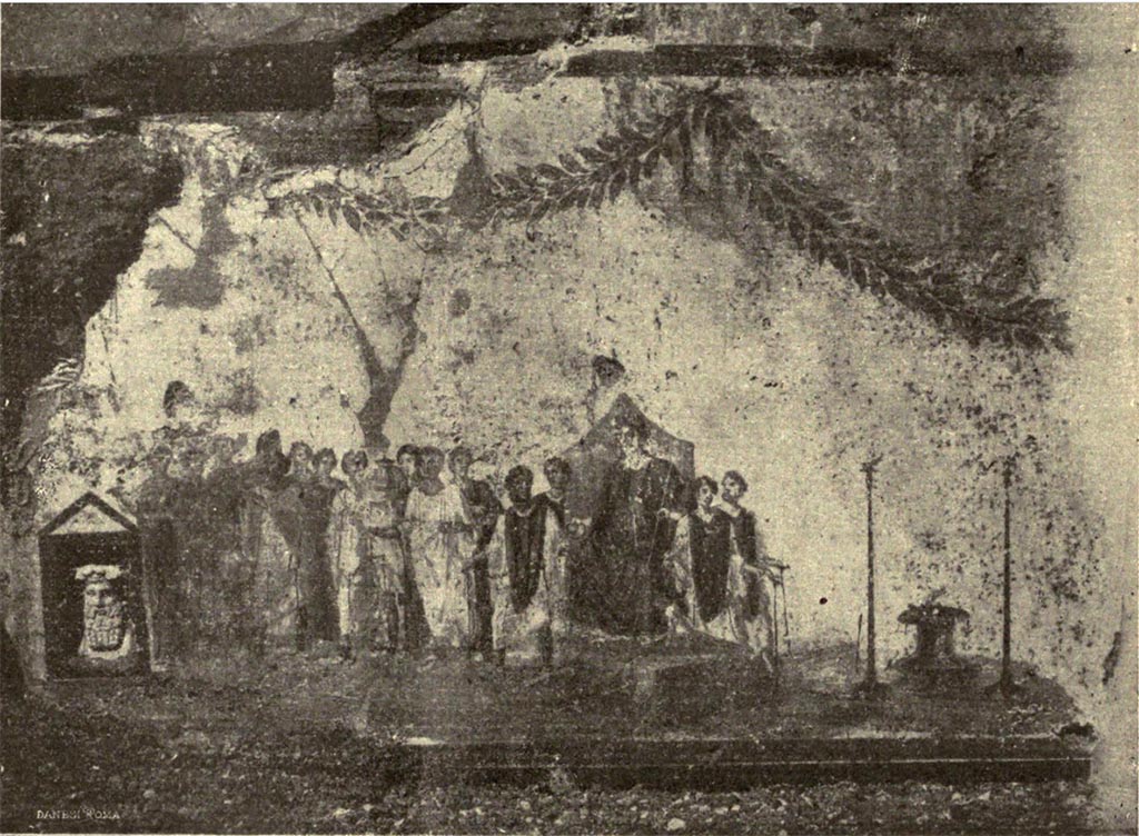 IX.7.1 Pompeii. 1912. Painting on wall showing procession in honour of the goddess Cybele.
See Notizie degli Scavi di Antichità, 1912, p. 110, fig. 7.