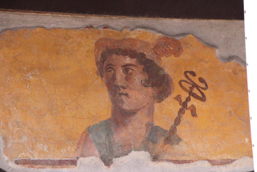 IX.7.1 Pompeii. September 2019. Painting of Mercury with a red petasos and the caduceus on his left shoulder.
Photo courtesy of Klaus Heese.