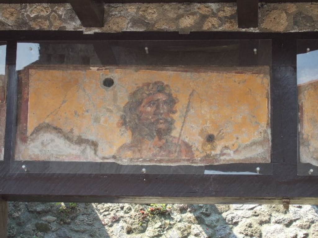 IX.7.1 Pompeii. May 2006. Painting of a bearded Jupiter with his sceptre over his left shoulder. See Fröhlich, T., 1991, Lararien und Fassadenbilder in den Vesuvstädten. Mainz: von Zabern. (F63: p.332).