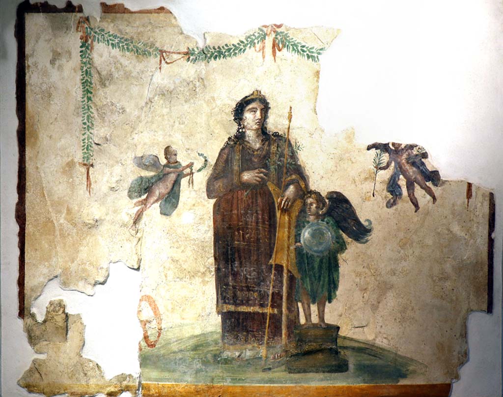 IX.7.1 Pompeii. February 2021. Fresco of Venus Pompeiana with cupid, photographed on display in Antiquarium.
Photo courtesy of Fabien Bièvre-Perrin (CC BY-NC-SA).