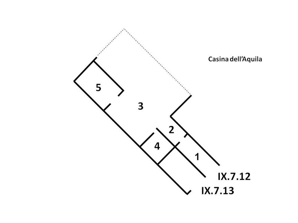 IX.7.12 Pompeii. Plan showing layout of rooms, now buried.
Key:
1: Long entrance corridor
2: Vestibule
3: Atrium
4: Cubiculum
5: Triclinium
