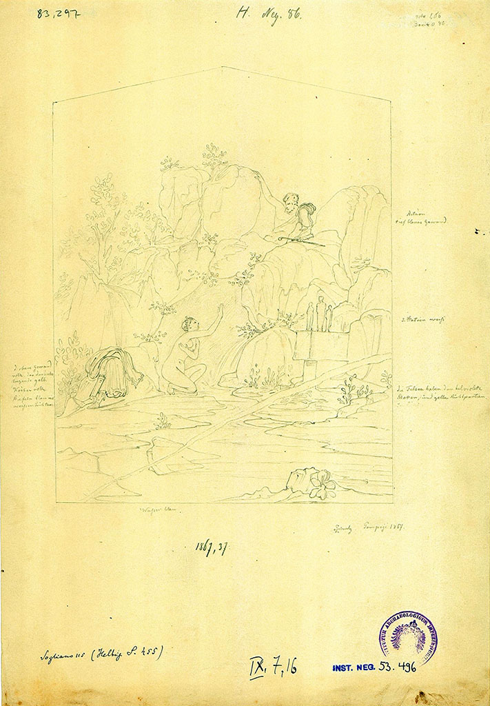 IX.7.12 Pompeii (although numbered as IX.7.16).
Triclinium 5, West wall. Copy c.1867 of painting of Diana and Acteon, recovered from the earth.
DAIR 83.2397. Photo © Deutsches Archäologisches Institut, Abteilung Rom, Arkiv.
See Sogliano, A., 1879. Le pitture murali campane scoverte negli anni 1867-79. Napoli: Giannini, (no. 115).