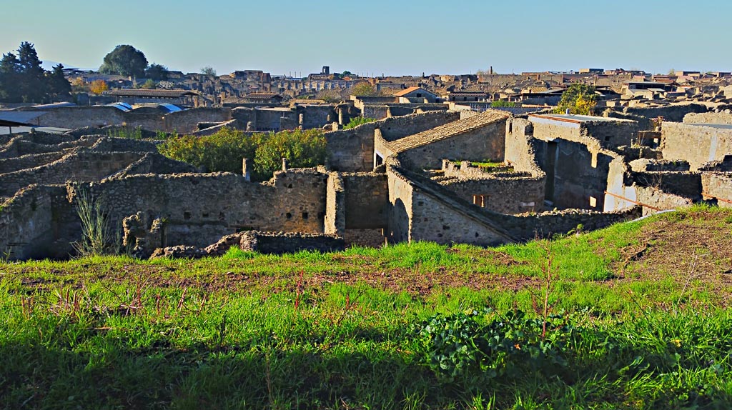View looking west towards the Basilica in the distance, across doorway of IX.7.14, Vicolo di Tesmo, rear peristyle of IX.1.22 and insula IX.1.
2017/2018/2019. Photo courtesy of Giuseppe Ciaramella.